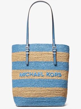 Michael Kors Quinn Striped Straw Tote Bag Cream & Blue